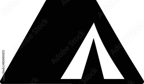 A minimalist black and white illustration of a tent, representing camping and outdoor adventures, a simple graphic icon suitable for various designs