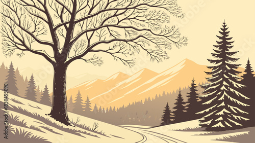 Illustration of a winter landscape with a bare tree, snowy hills, and distant mountain range scene view