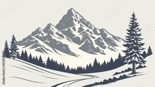 A snowy mountain landscape with evergreen trees and a winding path through the snow covered valley floor