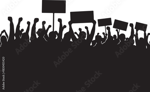 Silhouette of protesting people holding signs with raised fists