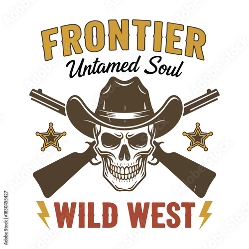 Vintage wild west skull wearing cowboy hat with crossed guns badge vector illustration.
