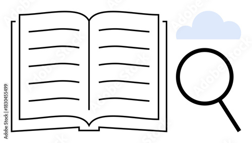 Open book with visible lines alongside a magnifying glass and cloud icon. Ideal for education, research, knowledge, learning, study, reading, and information discovery. Simple flat metaphor