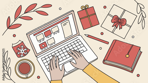 Overhead view of a person typing on a laptop amidst gifts and holiday themed items on a desk space