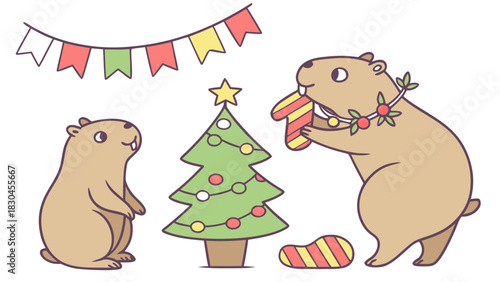 Two capybaras celebrating christmas with a decorated tree and festive garland and a banner hanging above