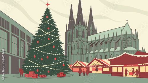 Christmas market scene with a decorated tree and cathedral in the background on a winter day scene