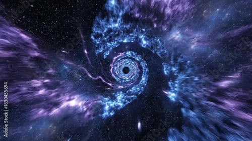 Cosmic Portal: Witness a breathtaking journey through a swirling portal in space, a mesmerizing blend of colors, light and shadow that lead into the unknown.