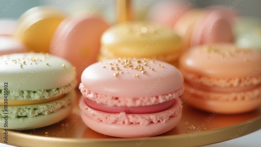 Fototapeta premium Colorful pastel macarons arranged on golden tray with delicate sugar pearls closeup, soft bokeh background, concept of patisserie, wedding catering, bakery branding