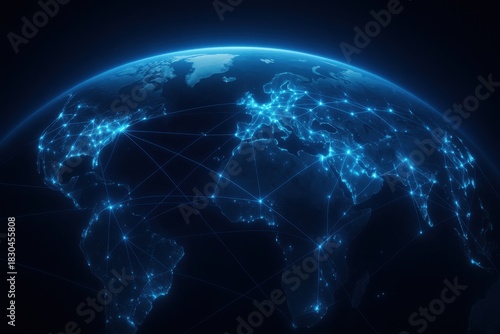 Digital map of Earth with glowing blue network lines connecting continents, representing smart global communication and data infrastructure systems.