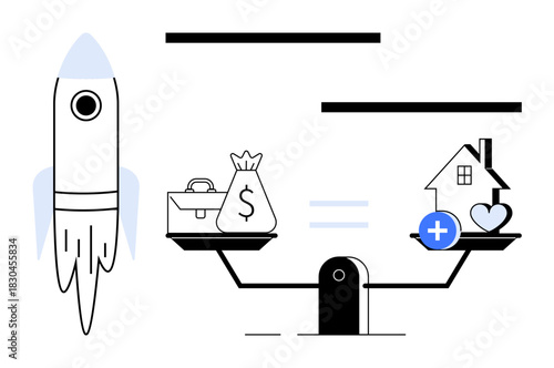 Financial balance concept. Financial symbols including money, home, and health on scales in contrast with rocket innovation. Financial balance in wealth management, healthcare, innovation, investment