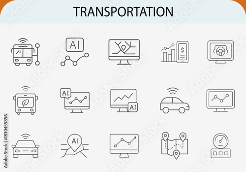 Smart transportation outline icons set, autonomous vehicles tracking system vector