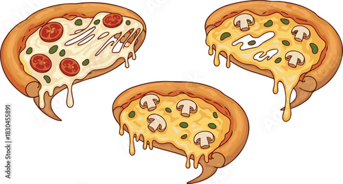 Three cartoon pizza slices with gooey melting cheese golden crust and delicious toppings.