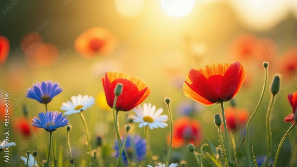 Fototapeta premium Vibrant red poppies mixed with blue cornflowers and white daisies in wildflower meadow at golden sunset, concept of summer fields, remembrance day, natural cosmetics