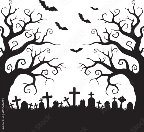 Spooky Halloween graveyard scene with bats and dead trees