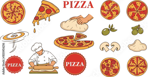Hand-drawn cartoon pizza making elements set featuring chef dough melting slice whole pizzas and fresh ingredients.