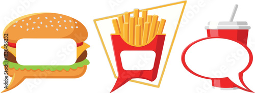 Cartoon Fast Food Set: Burger Fries and Soda with Speech Bubbles.