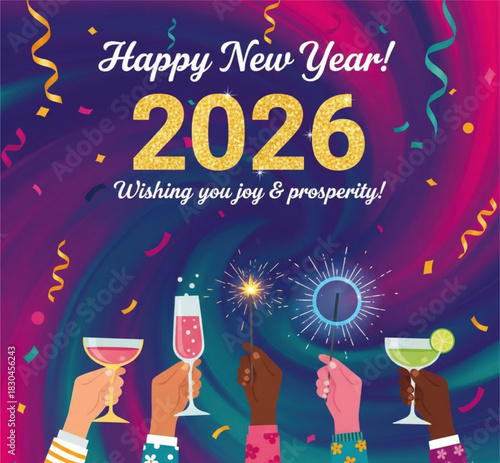 Cheers Celebration Vector Art: Hands with Cocktails, Champagne Glass & Sparklers for New Year Party Invitations and Festive Designs. Trendy & Fun Illustration.