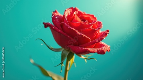 Red rose with fresh dew drops blooming elegantly against turquoise blue background, concept of love, romance, valentines day, flower delivery, luxury cosmetics