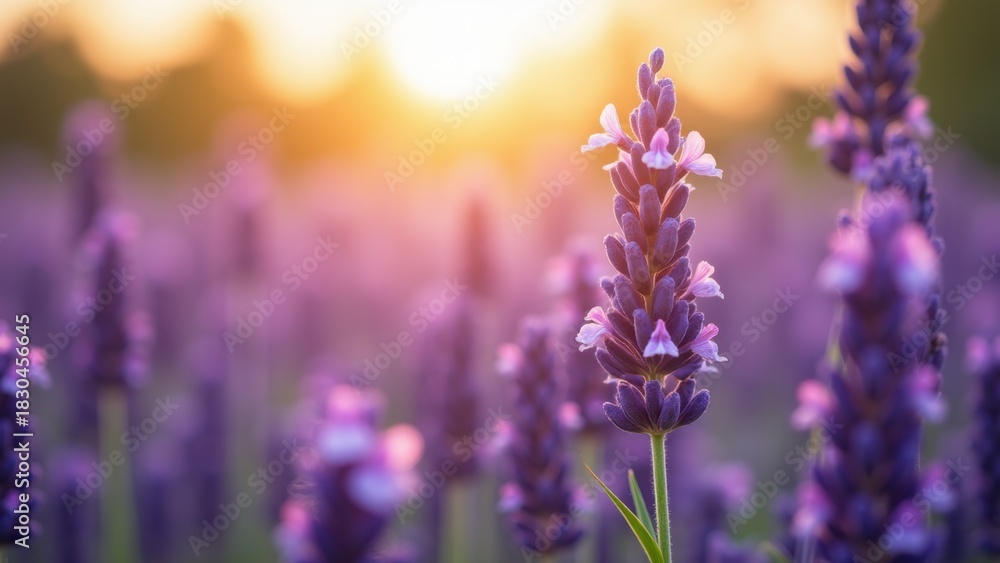 Fototapeta premium Purple lavender flower in sharp focus against endless field bathed in golden sunset light with soft bokeh, concept of womens day, aromatherapy brands, natural cosmetics, relaxation