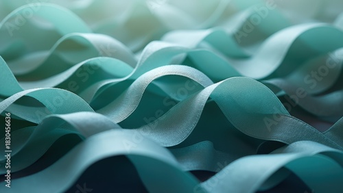 Teal awareness ribbons tangled together in closeup macro against soft green background, textured symbol of support, concept of ovarian cancer awareness, cervical cancer campaign, pcos support