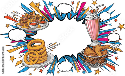 Pop art comic book frame of fast food featuring nachos onion rings chicken wings and a milkshake.