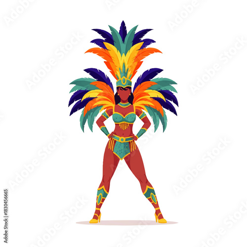 A vibrant illustration of a carnival drum band in colorful feathered costumes, arranged in a pyramid, celebrating with music and festive energy.