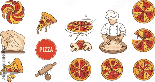 Colorful cartoon pizza making icon set with chef dough and various pizza styles.