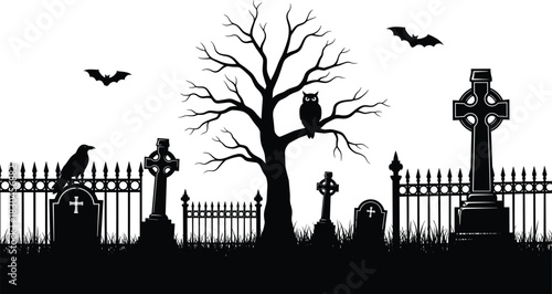 Haunted graveyard silhouette scene with spooky tree, bats, owl, ravens, tombstones, gothic fence, eerie Halloween atmosphere, perfect for dark vector illustration designs
