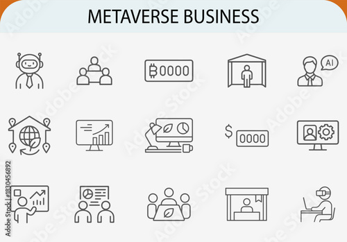 Metaverse business outline icons set, virtual augmented reality concept vector