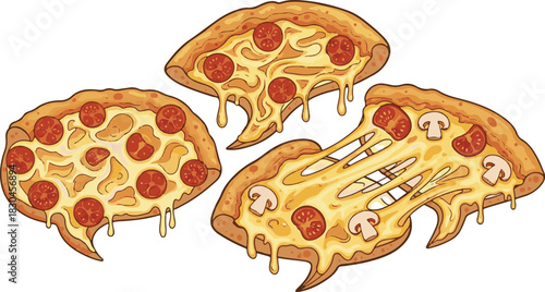 Three Cartoon Pizza Slices with Melted Cheese and Toppings.