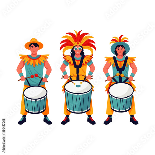 Two vibrant dancers in traditional carnival attire with feathered accessories, celebrating with lively movements against a white background.