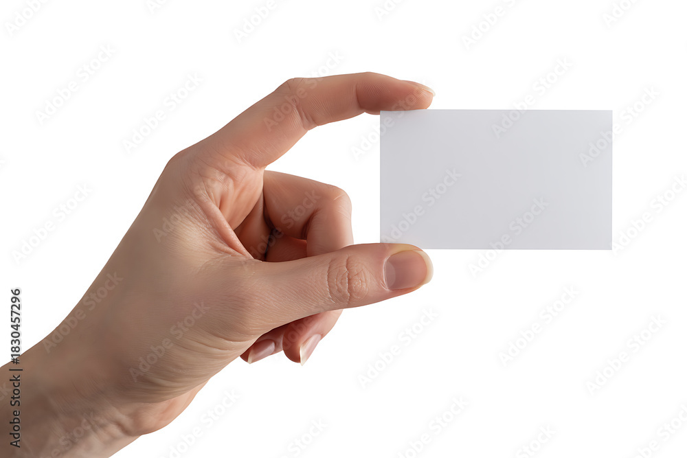Obraz premium Hand holding a blank white business card isolated on white background