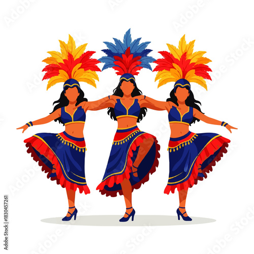 Three festive musicians, including a carnival king with a feathered headdress, play drums and a trumpet, celebrating a vibrant festival or parade.