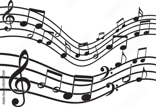 Black and white music notes on staves illustration design