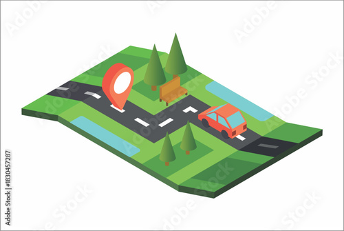 Isometric city map illustration with road car and location pin showing navigation and travel concept in clean modern vector style for app and web design use