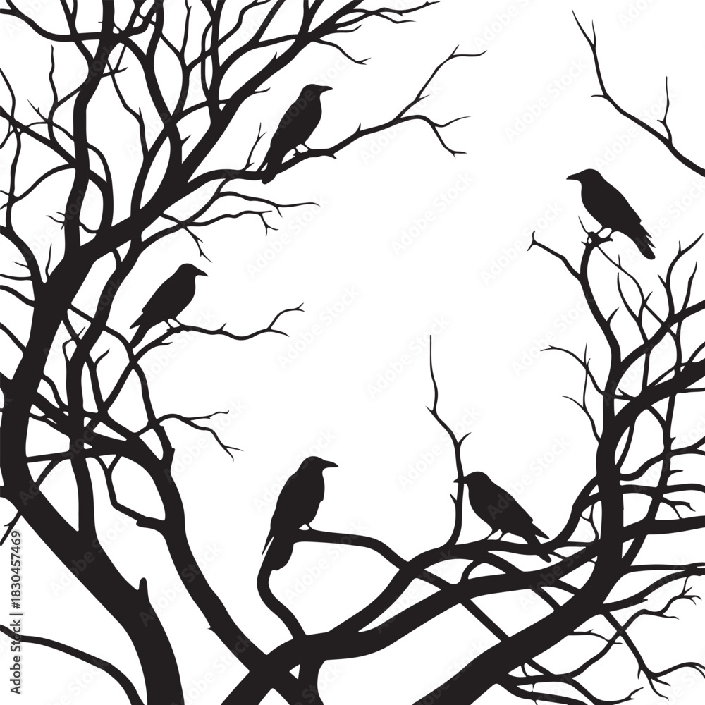 Naklejka premium Black raven silhouette perched on bare tree branches illustration