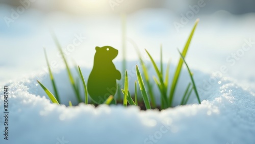 Groundhog shaped figure cutter standing upright in melting snow revealing fresh green grass blades, concept of groundhog day, early spring arrival, winter ending