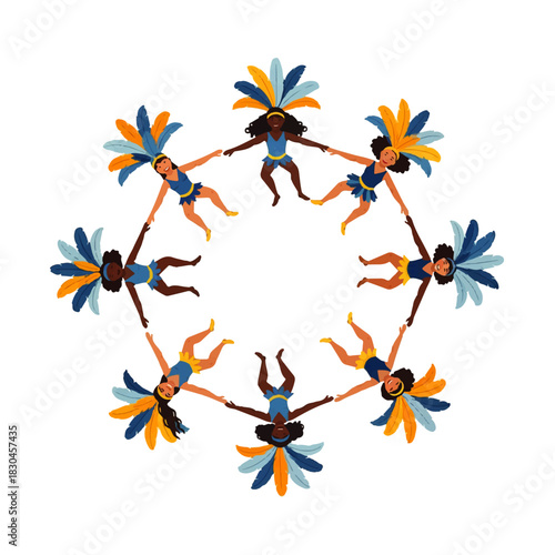 Vibrant illustration of a woman in a blue carnival costume with a feathered headdress and wide wings, celebrating culture and dance.