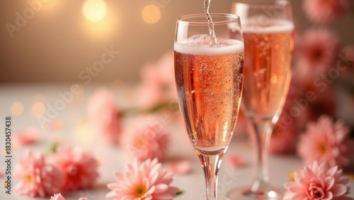 Glass of sparkling rosé wine with delicate bubbles surrounded by peach roses and golden confetti on soft pink background, concept of celebration, womens day,  luxury brands