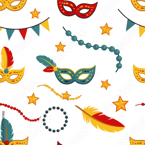 A vibrant illustration of a woman in a colorful peacock feather carnival costume, celebrating a festive event with joy and elegance.