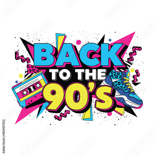 Retro nineties pop art design with cassette tape vector illustration.