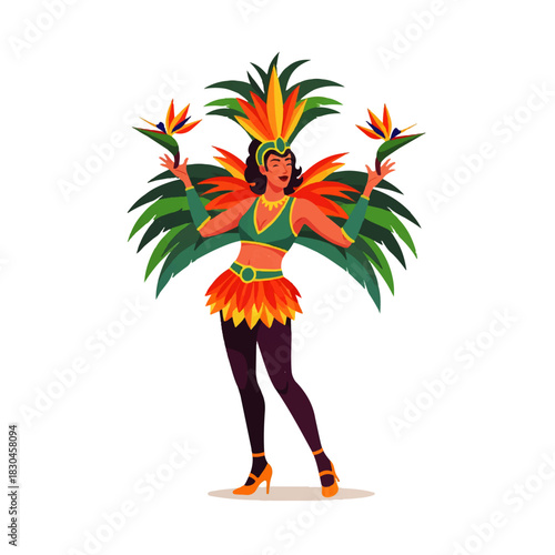 Two vibrant carnival dancers in elaborate feathered costumes celebrate with energetic samba moves, embodying the festive spirit of a Brazilian street party.