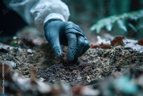Investigating soil contamination with gloved hand in forest, environmental science concept, studying earth samples, researching soil health, dark moody tone