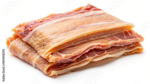 Raw pork skin on white background with visible fat layers and natural texture