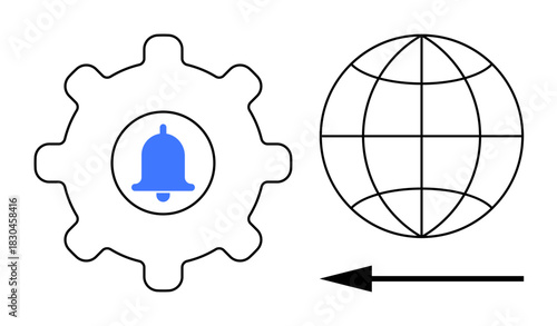 Notification settings concept. Notification bell inside gear with global connection icon and directional arrow. Notification improving global communication efficiency. For technology, communication
