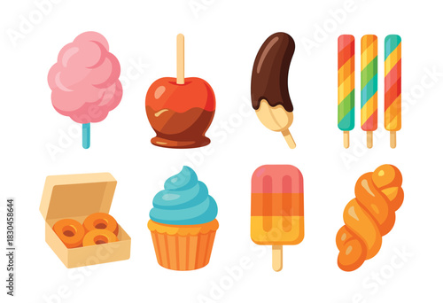 Candy and treats, flat vector illustration with sweets, desserts, and snacks