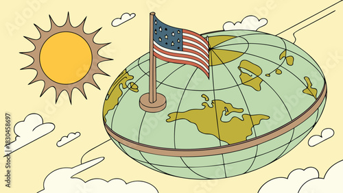 American flag planted on a globe under a sunny sky