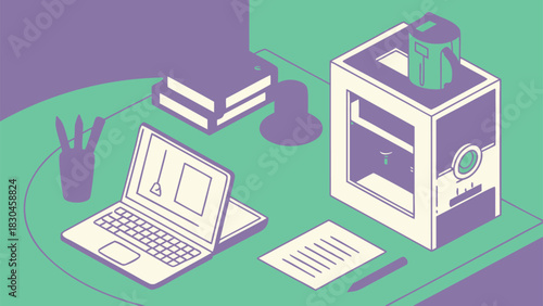 Isometric illustration of a modern desk with laptop and 3d printer