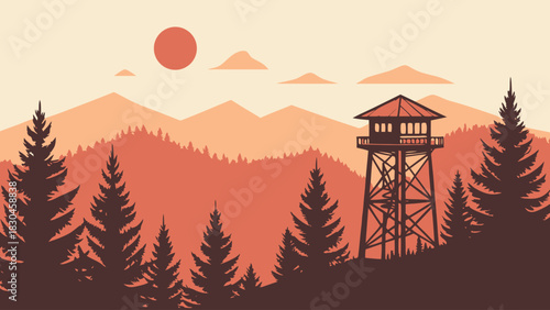 Watchtower in a forest at sunset with mountains and trees