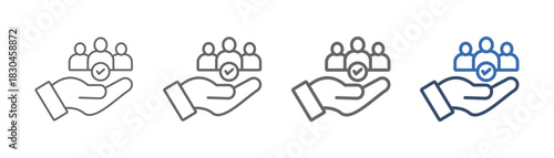 
outline icon set social with hand design, three people and check mark