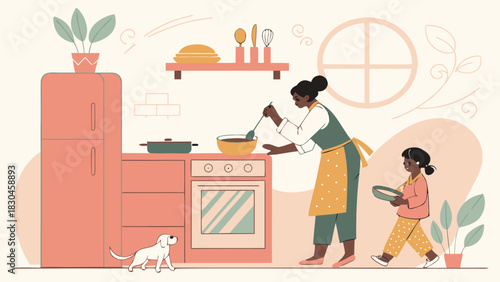 Mother and daughter cooking together in a cozy kitchen with a small dog